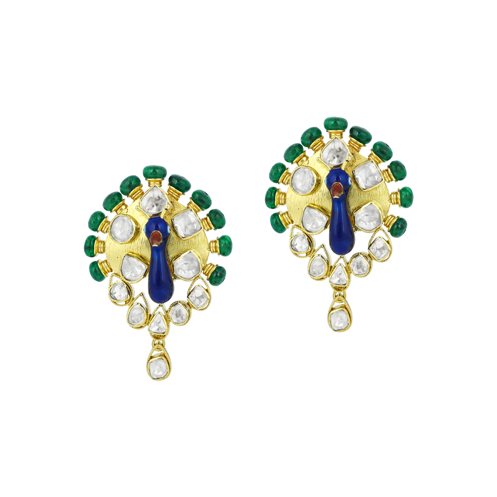 Peacock Polki Earrings with Blue Enamel and Emerald Beads